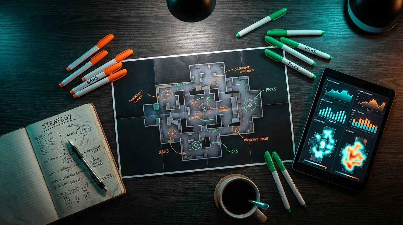 Taktiktafel mit CS2 Map-Auswahl und strategischen Markierungen für Wettvorbereitung